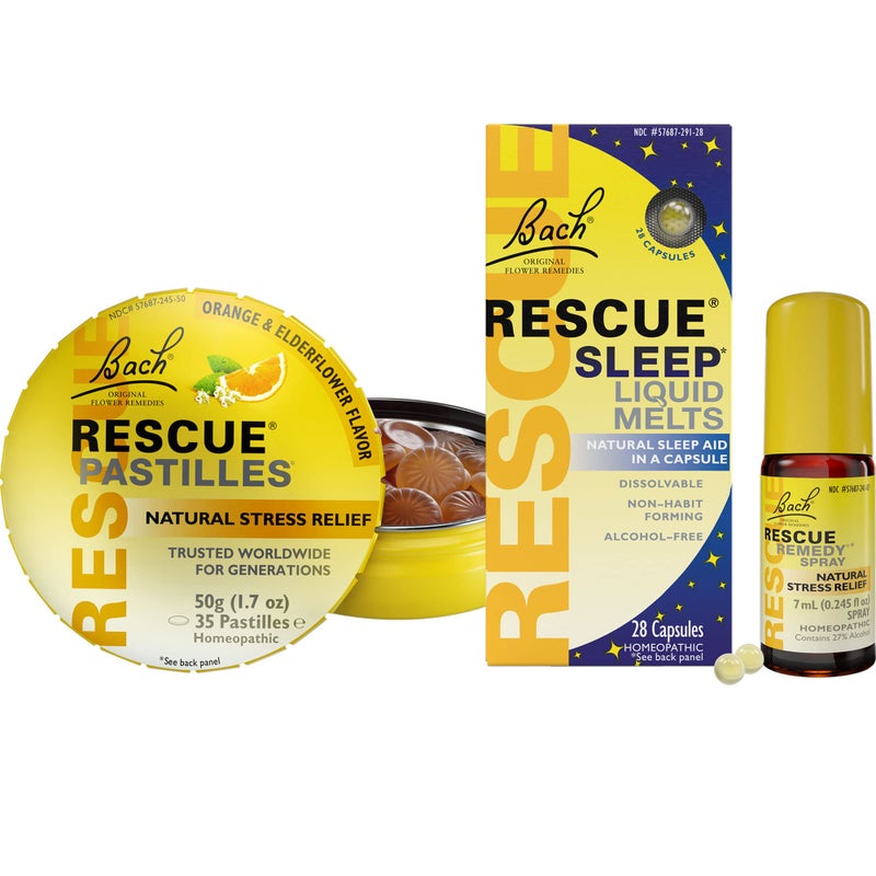 Travel Stress Sleep Bundle 3Pk Bach RESCUE PASTILLES Orange Elderflower Flavor 35Ct and RESCUE Sleep Liquid Melts 28Ct and RESCUE Remedy Spray 7mL Homeopathic Flower Remedies